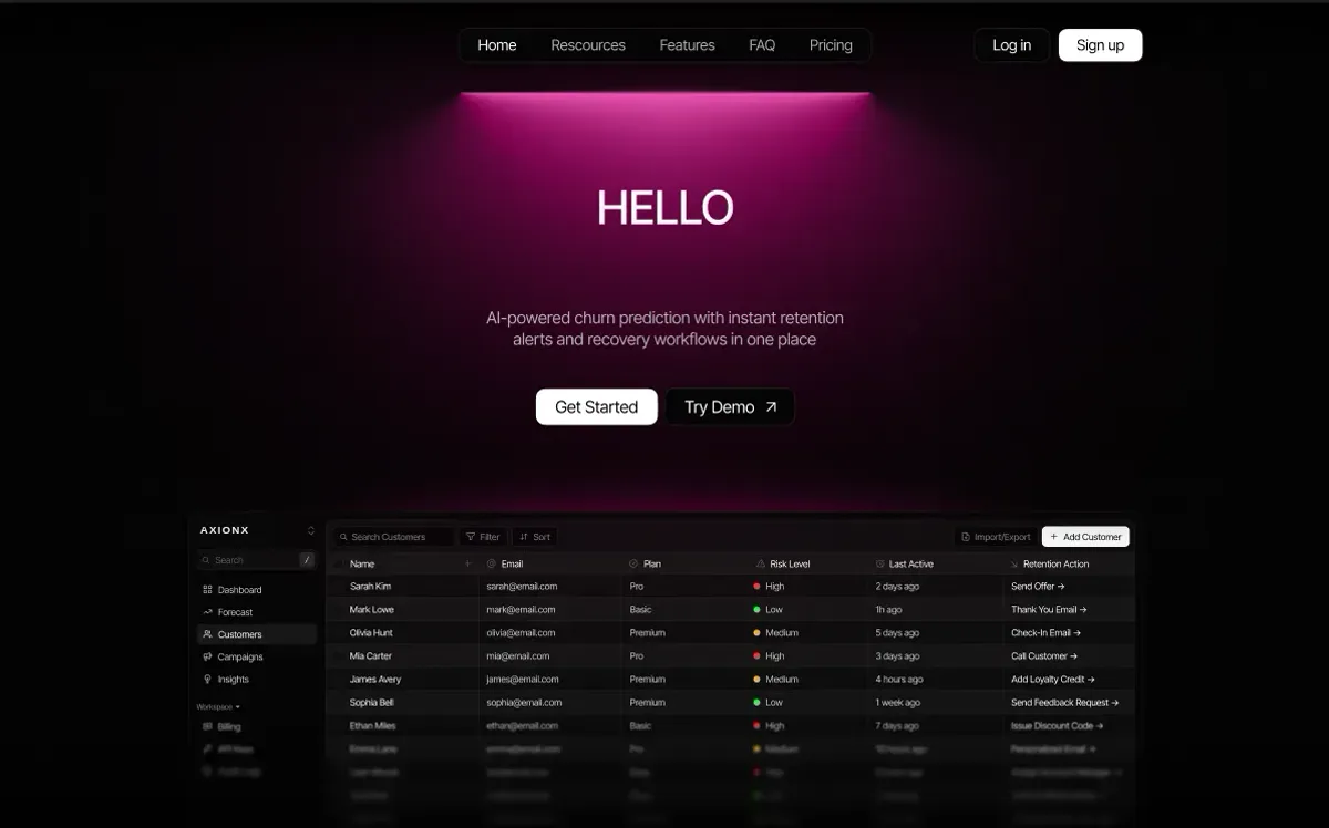 Churn prediction platform — Product UI